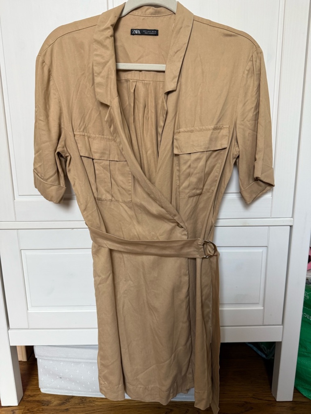 Zara Beige Wrap Midi Shirt Dress with Belt